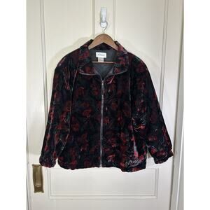 Vintage Rafael Floral Velvet Full Zip Puff Jacket Womens Size Large Black Red